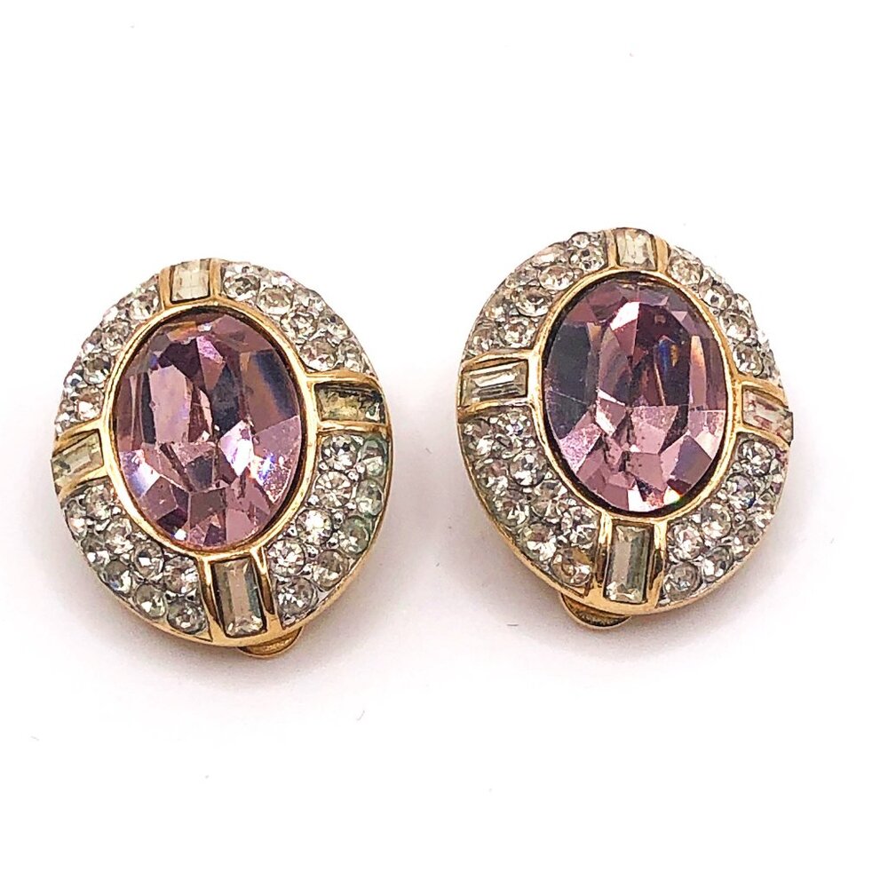 Givenchy Paris New York Pink Crystal Halo Clip-On Earrings Vintage - Picture 6 of 14